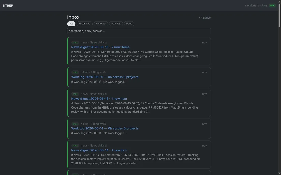 Screenshot of the Sitrep inbox dashboard: a live feed of status cards from several AI sessions, with status filter chips and a search box.