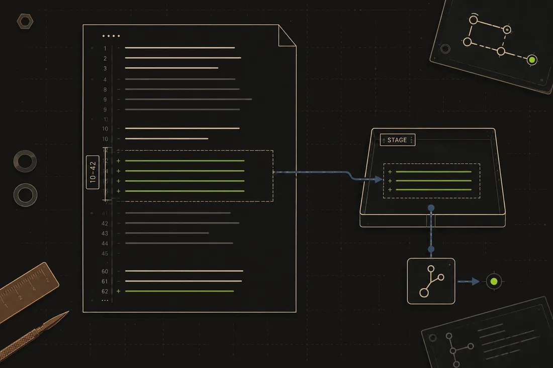 Flat illustration: a precision tool lifting a selected range of lines out of a code diff into a staged commit.