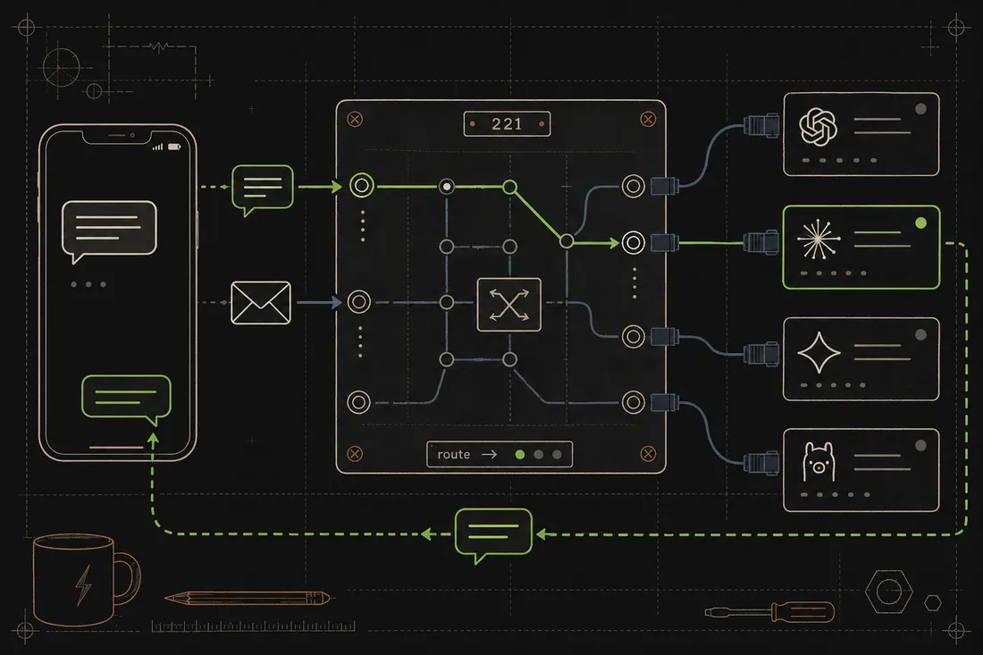 Flat illustration: a phone texts a switchboard that routes the message to the one active AI session set up to answer.