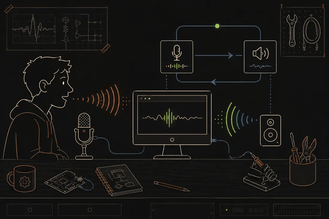 Flat illustration: a person and a computer talking back and forth, shown as two-way sound waves on a workbench.